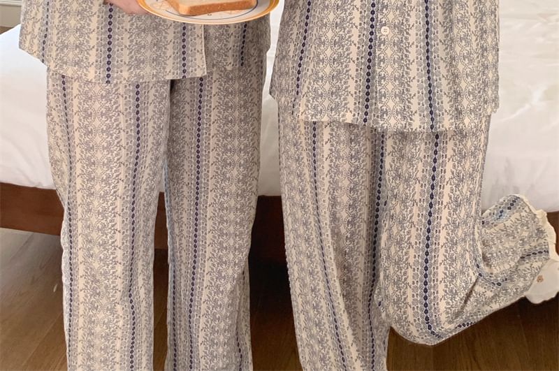 Couple Matching Long-Sleeve Patterned Print Pajama Set