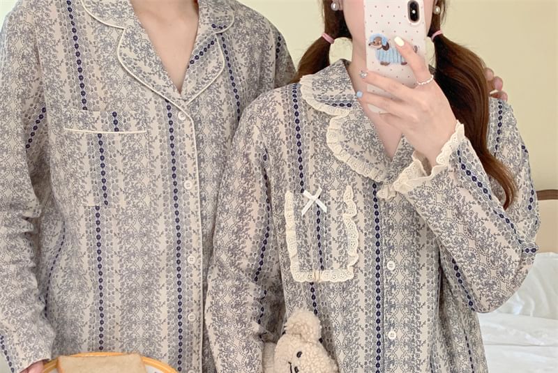 Couple Matching Long-Sleeve Patterned Print Pajama Set
