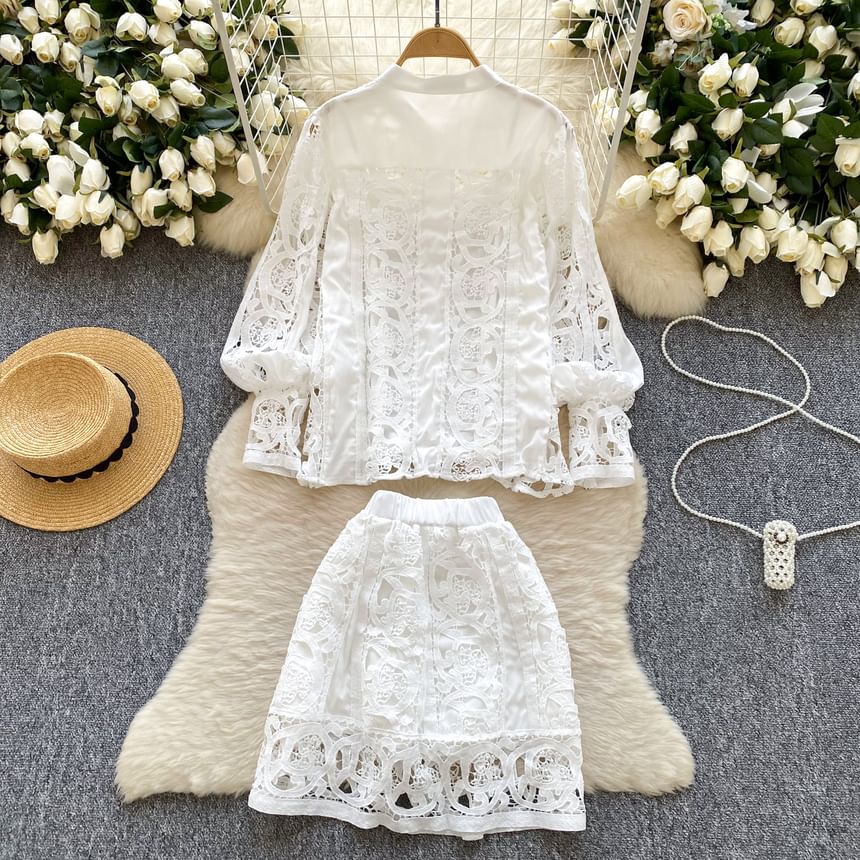 Coordinated Set: Lace Blouse with Puff Sleeves, Camisole, and High-Waisted Mini Skirt
