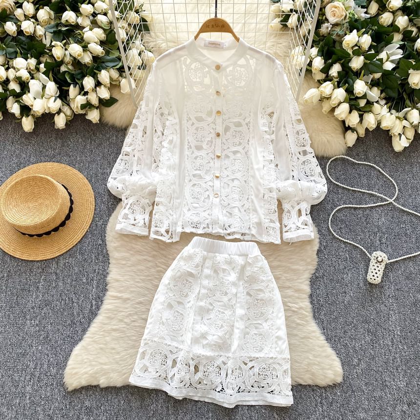 Coordinated Set: Lace Blouse with Puff Sleeves, Camisole, and High-Waisted Mini Skirt