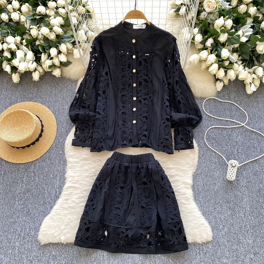 Coordinated Set: Lace Blouse with Puff Sleeves, Camisole, and High-Waisted Mini Skirt
