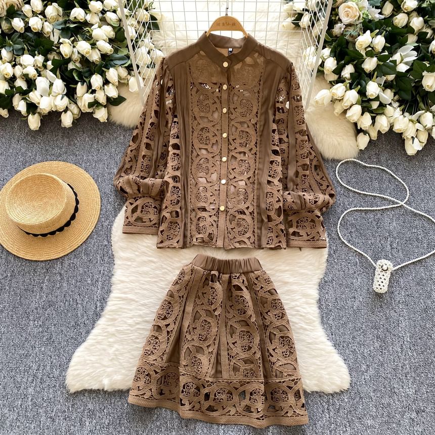 Coordinated Set: Lace Blouse with Puff Sleeves, Camisole, and High-Waisted Mini Skirt