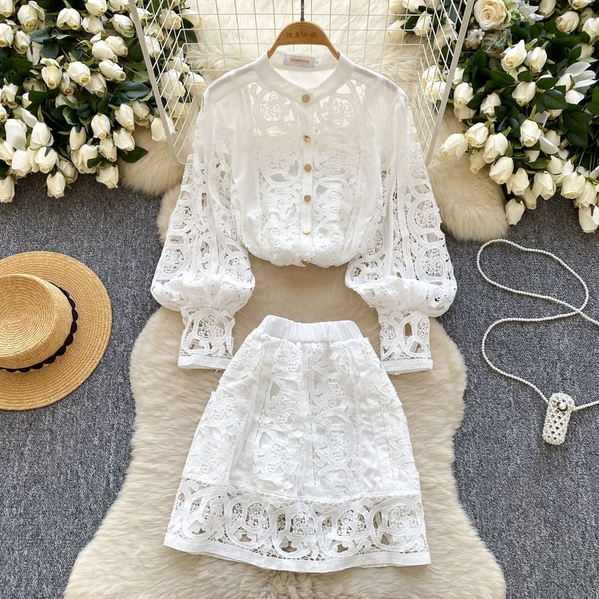 Coordinated Set: Lace Blouse with Puff Sleeves, Camisole, and High-Waisted Mini Skirt