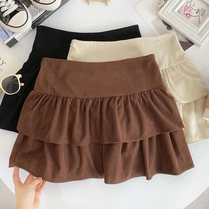 Corduroy A-Line Mini Skirt with Layered High Waist