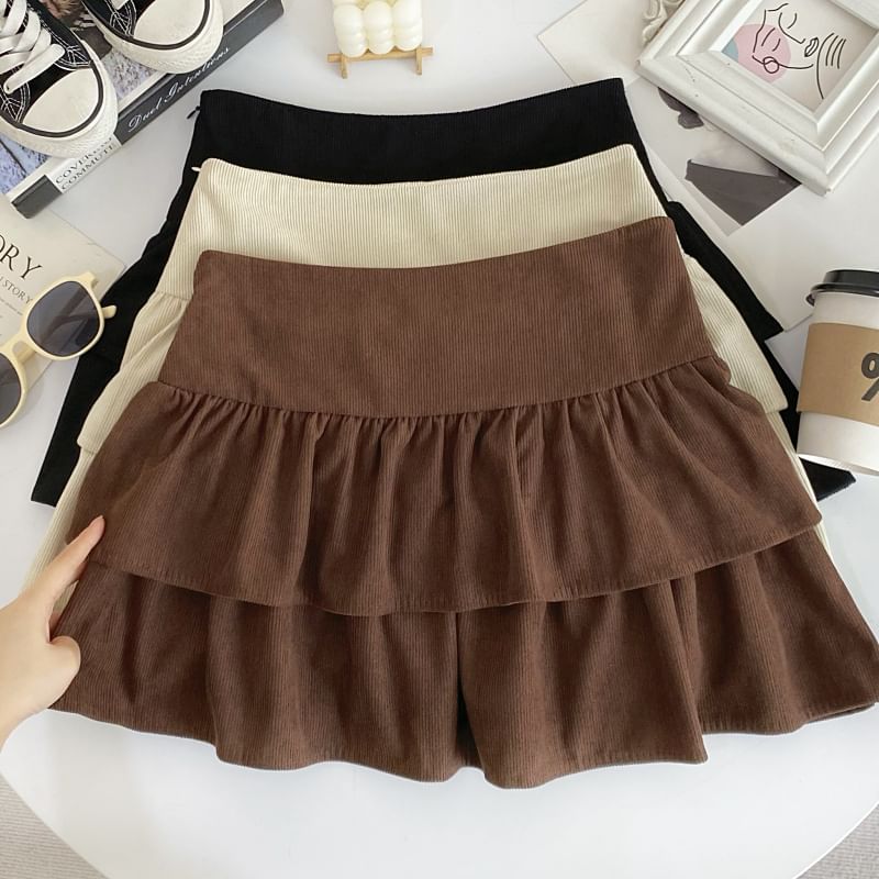 Corduroy A-Line Mini Skirt with Layered High Waist