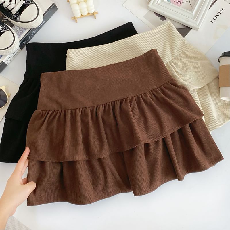 Corduroy A-Line Mini Skirt with Layered High Waist