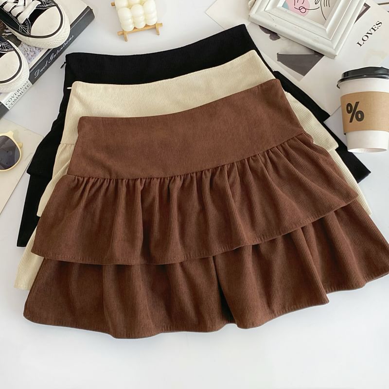 Corduroy A-Line Mini Skirt with Layered High Waist