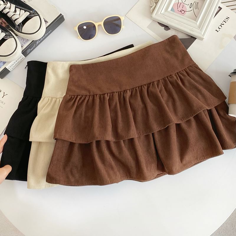 Corduroy A-Line Mini Skirt with Layered High Waist