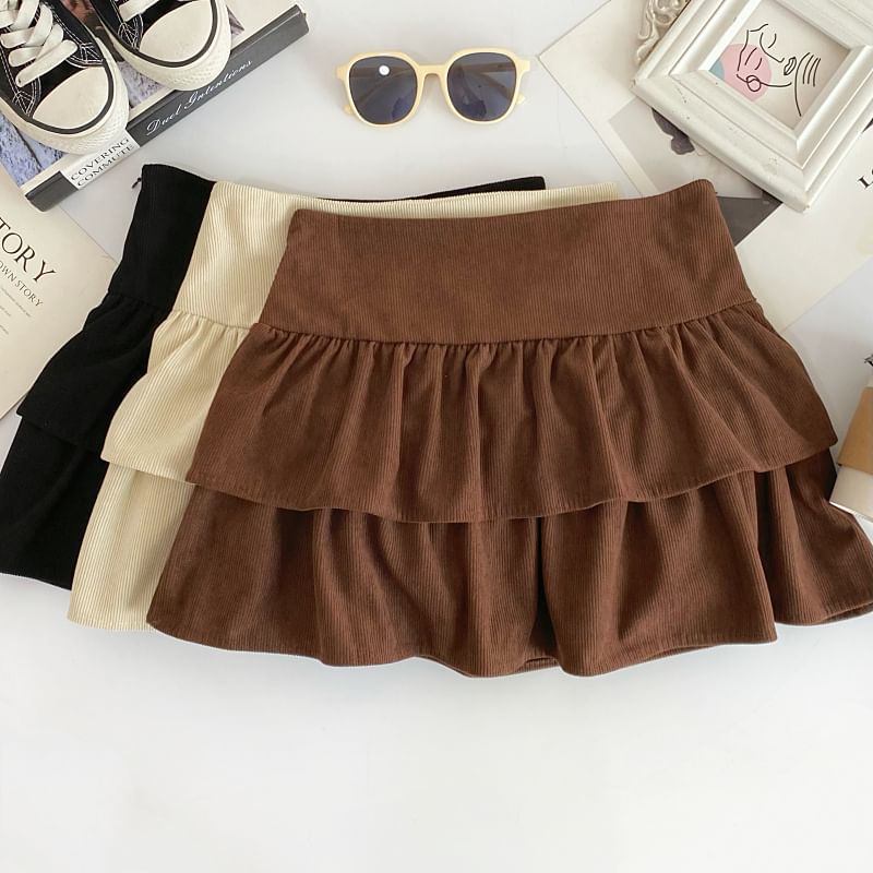 Corduroy A-Line Mini Skirt with Layered High Waist