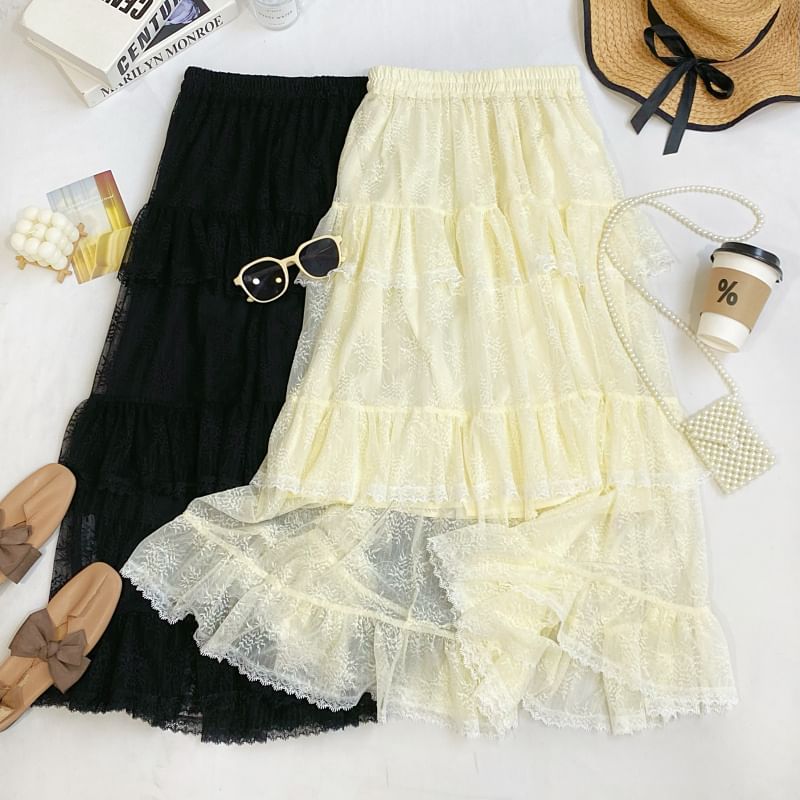 Tiered Lace Maxi Skirt with Ruffled Hem and Stretch Waistband
