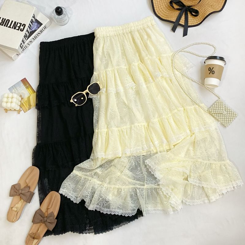 Tiered Lace Maxi Skirt with Ruffled Hem and Stretch Waistband