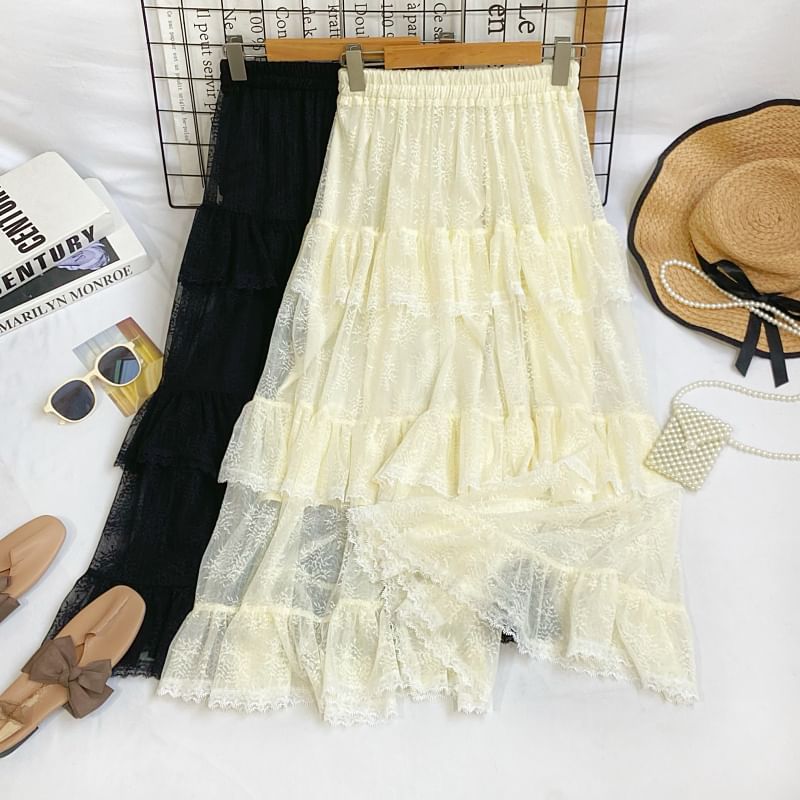 Tiered Lace Maxi Skirt with Ruffled Hem and Stretch Waistband