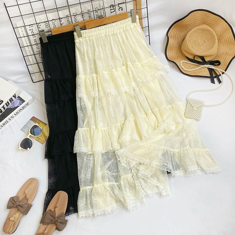 Tiered Lace Maxi Skirt with Ruffled Hem and Stretch Waistband