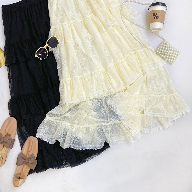 Tiered Lace Maxi Skirt with Ruffled Hem and Stretch Waistband