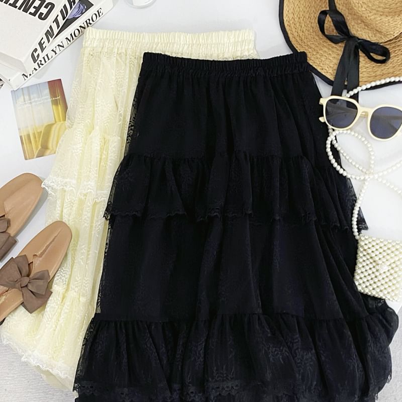 Tiered Lace Maxi Skirt with Ruffled Hem and Stretch Waistband