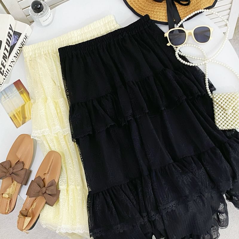 Tiered Lace Maxi Skirt with Ruffled Hem and Stretch Waistband