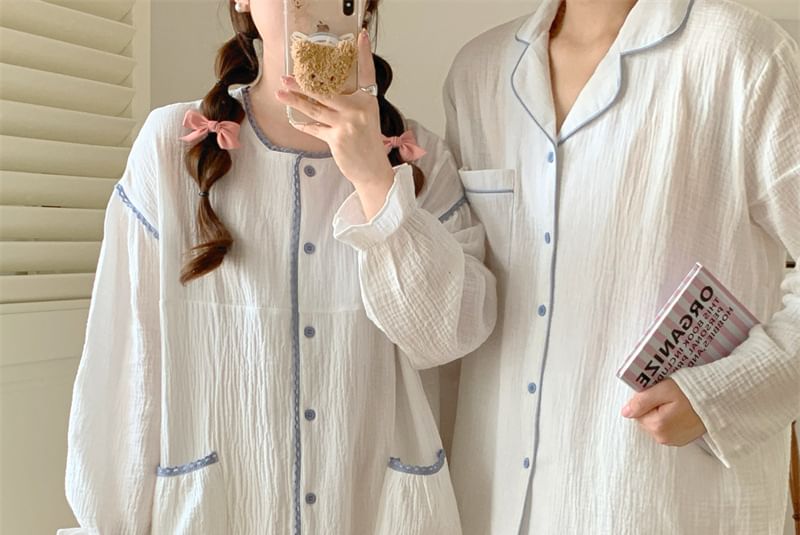 Couple Matching Long Sleeve Contrast Trim Button Pajama Top / Straight Leg Pants / Pajama Dress / Set (Various Designs)
