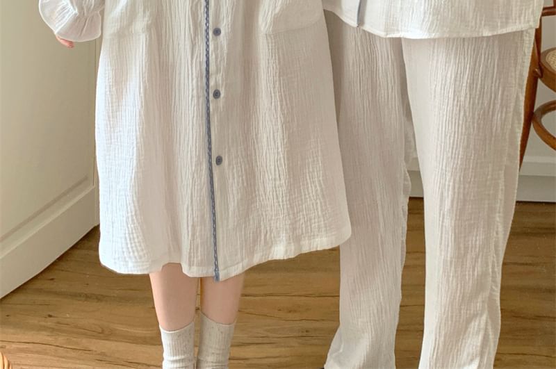 Couple Matching Long Sleeve Contrast Trim Button Pajama Top / Straight Leg Pants / Pajama Dress / Set (Various Designs)