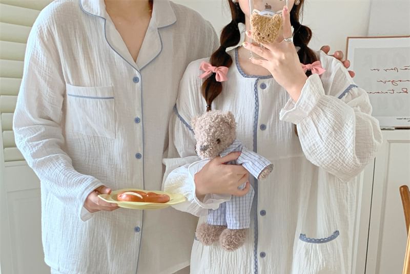 Couple Matching Long Sleeve Contrast Trim Button Pajama Top / Straight Leg Pants / Pajama Dress / Set (Various Designs)