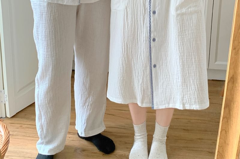 Couple Matching Long Sleeve Contrast Trim Button Pajama Top / Straight Leg Pants / Pajama Dress / Set (Various Designs)