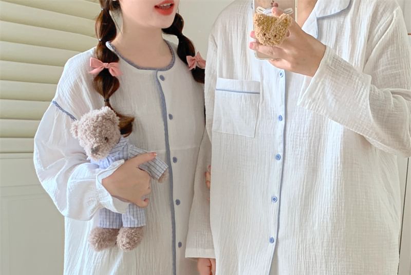 Couple Matching Long Sleeve Contrast Trim Button Pajama Top / Straight Leg Pants / Pajama Dress / Set (Various Designs)