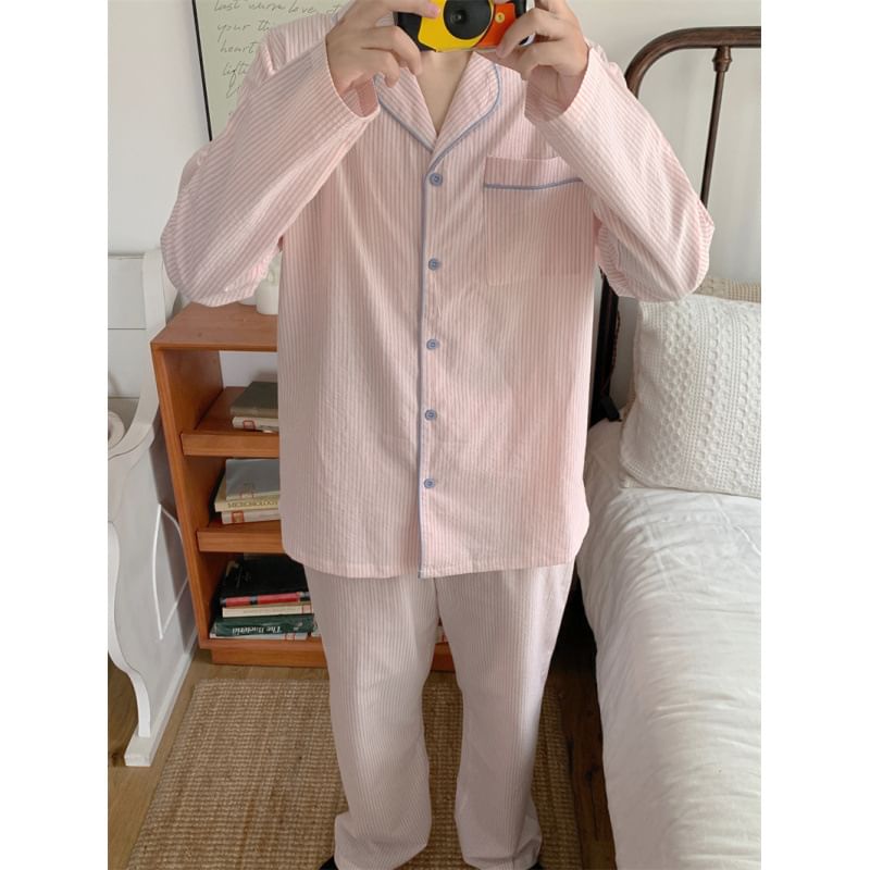 Couple Matching Long Sleeve Scoop Neck Striped Tie-Up Pajama Dress / Collared Shirt / Straight Leg Pants / Set (Various Designs)