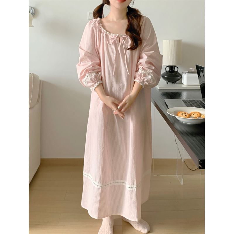 Couple Matching Long Sleeve Scoop Neck Striped Tie-Up Pajama Dress / Collared Shirt / Straight Leg Pants / Set (Various Designs)