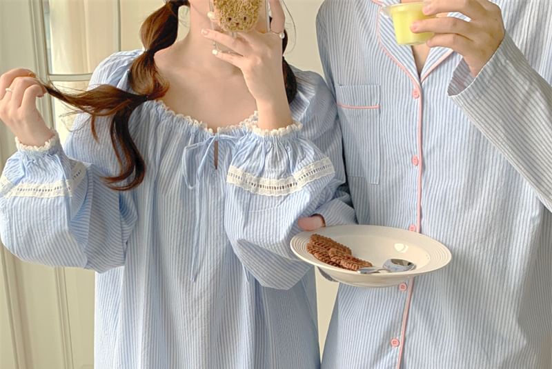 Couple Matching Long Sleeve Scoop Neck Striped Tie-Up Pajama Dress / Collared Shirt / Straight Leg Pants / Set (Various Designs)