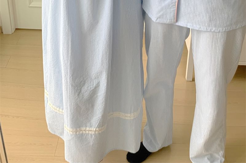 Couple Matching Long Sleeve Scoop Neck Striped Tie-Up Pajama Dress / Collared Shirt / Straight Leg Pants / Set (Various Designs)