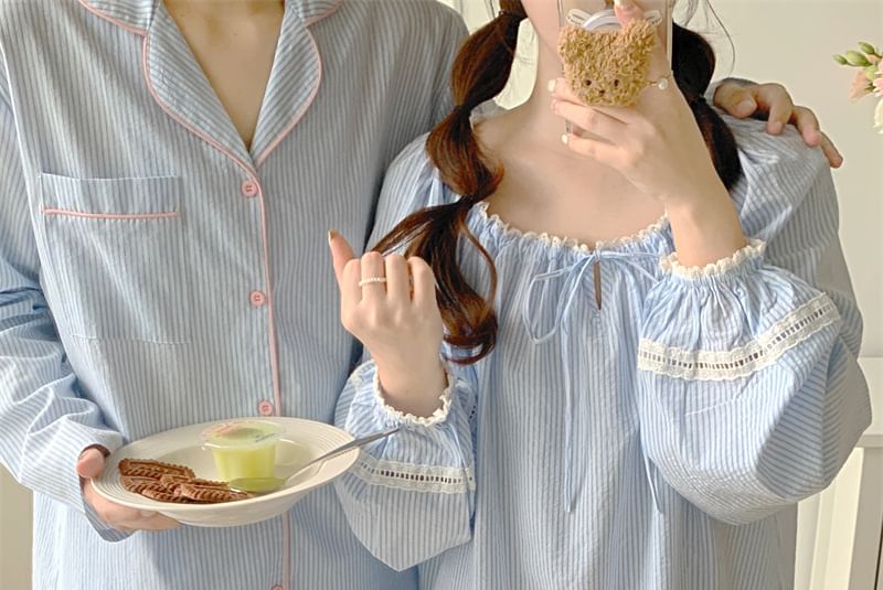Couple Matching Long Sleeve Scoop Neck Striped Tie-Up Pajama Dress / Collared Shirt / Straight Leg Pants / Set (Various Designs)