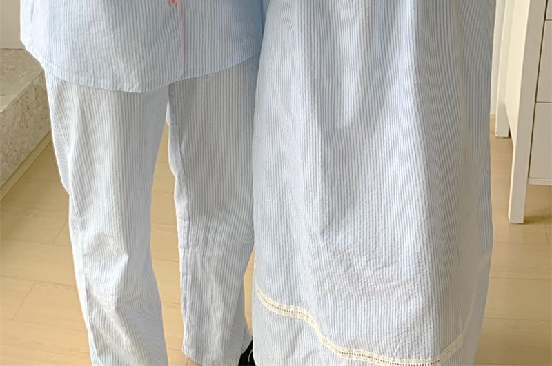 Couple Matching Long Sleeve Scoop Neck Striped Tie-Up Pajama Dress / Collared Shirt / Straight Leg Pants / Set (Various Designs)