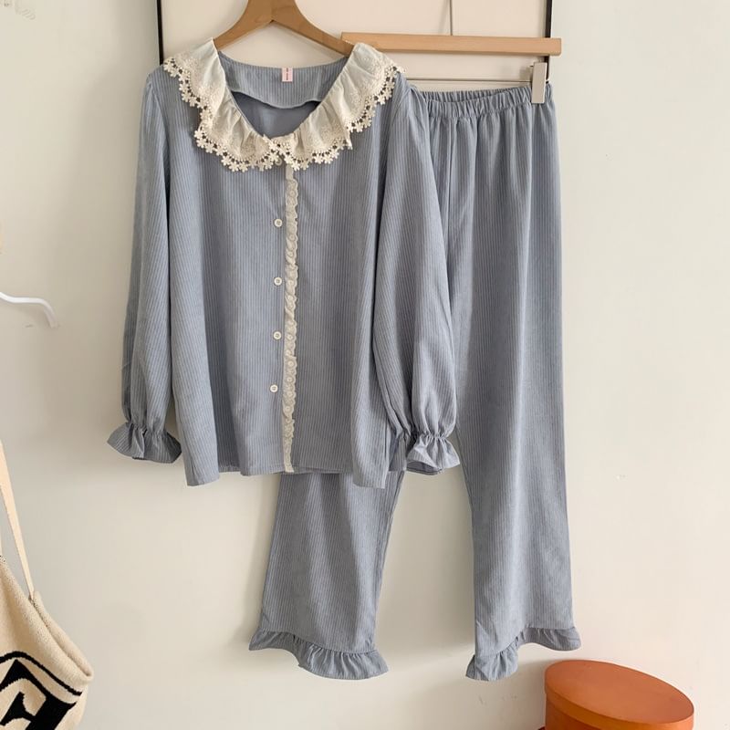 Couple Matching Pajama Set: Long Sleeve Button Top + Straight Leg Pants (Various Designs)