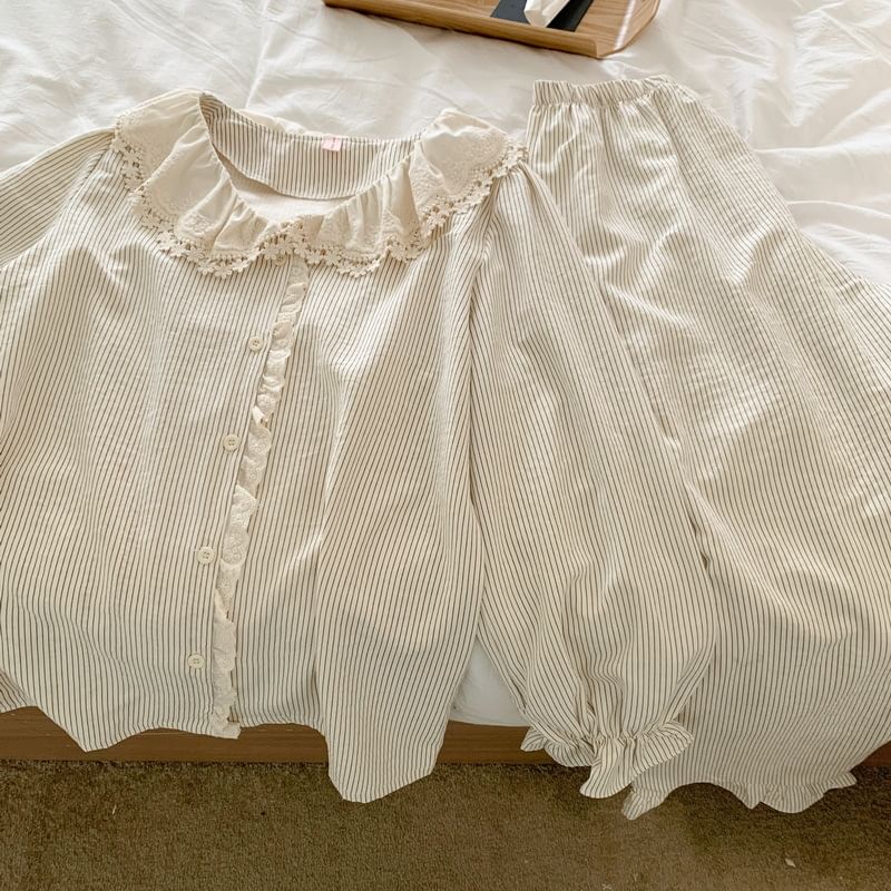 Couple Matching Pajama Set: Long Sleeve Button Top + Straight Leg Pants (Various Designs)