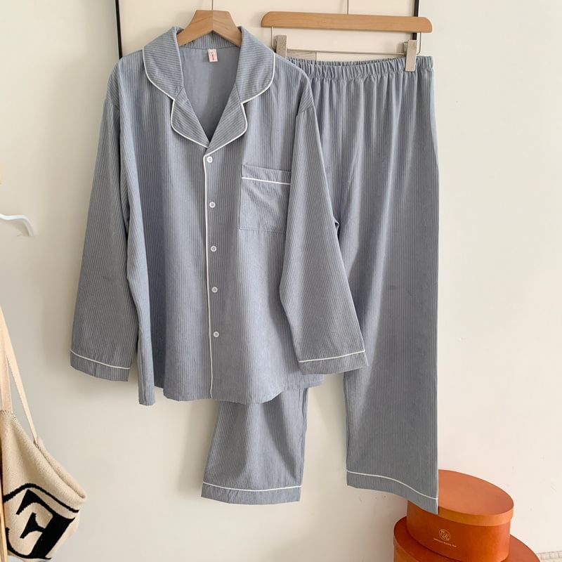 Couple Matching Pajama Set: Long Sleeve Button Top + Straight Leg Pants (Various Designs)