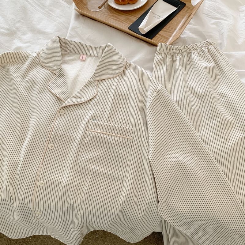 Couple Matching Pajama Set: Long Sleeve Button Top + Straight Leg Pants (Various Designs)