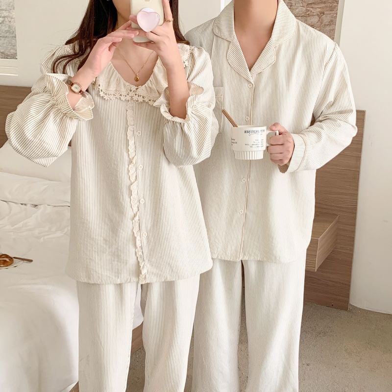 Couple Matching Pajama Set: Long Sleeve Button Top + Straight Leg Pants (Various Designs)