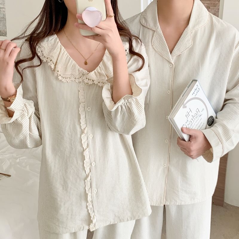 Couple Matching Pajama Set: Long Sleeve Button Top + Straight Leg Pants (Various Designs)