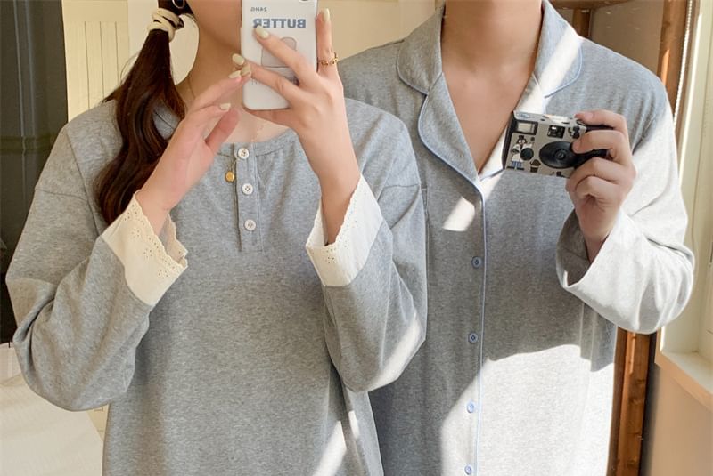 Couple Matching Pajama Set: Long Sleeve Button Top + Straight Leg Pants (Various Designs)