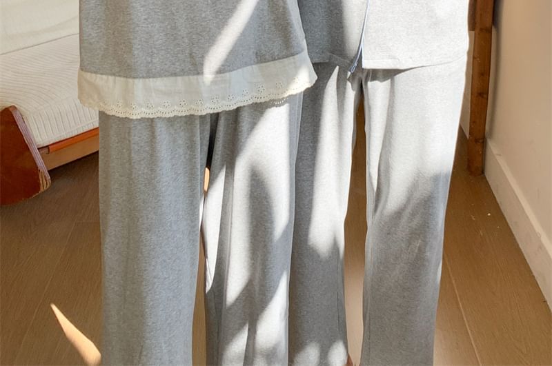 Couple Matching Pajama Set: Long Sleeve Button Top + Straight Leg Pants (Various Designs)