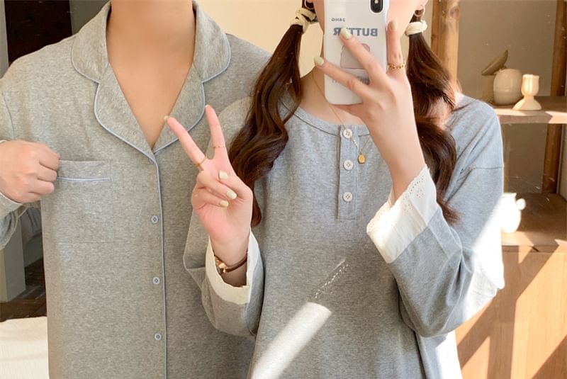 Couple Matching Pajama Set: Long Sleeve Button Top + Straight Leg Pants (Various Designs)