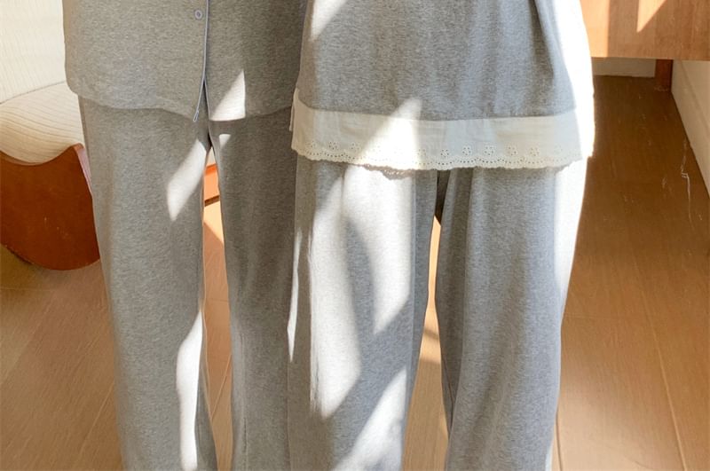Couple Matching Pajama Set: Long Sleeve Button Top + Straight Leg Pants (Various Designs)