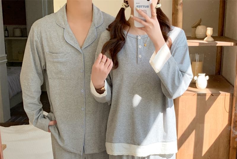 Couple Matching Pajama Set: Long Sleeve Button Top + Straight Leg Pants (Various Designs)