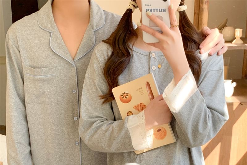 Couple Matching Pajama Set: Long Sleeve Button Top + Straight Leg Pants (Various Designs)