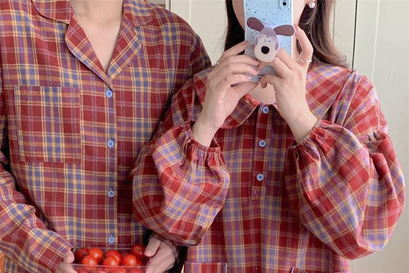 Couple Matching Long Sleeve Collared Plaid Pocket Button Pajama Dress / Collared Pajama Shirt / Straight Leg Pants / Set (Various Designs)