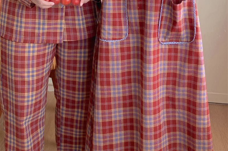 Couple Matching Long Sleeve Collared Plaid Pocket Button Pajama Dress / Collared Pajama Shirt / Straight Leg Pants / Set (Various Designs)