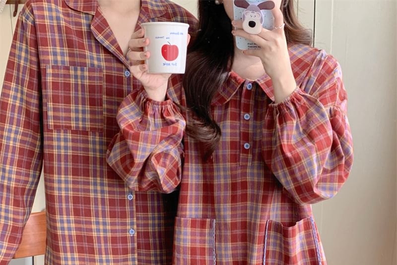 Couple Matching Long Sleeve Collared Plaid Pocket Button Pajama Dress / Collared Pajama Shirt / Straight Leg Pants / Set (Various Designs)