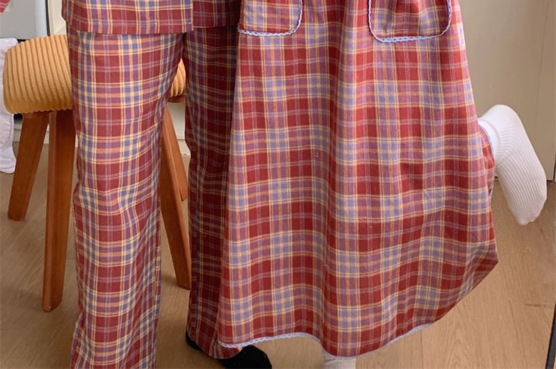 Couple Matching Long Sleeve Collared Plaid Pocket Button Pajama Dress / Collared Pajama Shirt / Straight Leg Pants / Set (Various Designs)