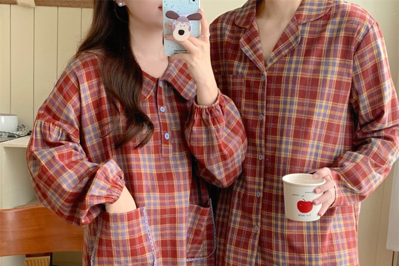 Couple Matching Long Sleeve Collared Plaid Pocket Button Pajama Dress / Collared Pajama Shirt / Straight Leg Pants / Set (Various Designs)