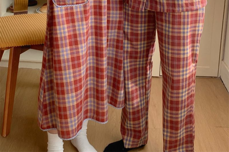 Couple Matching Long Sleeve Collared Plaid Pocket Button Pajama Dress / Collared Pajama Shirt / Straight Leg Pants / Set (Various Designs)