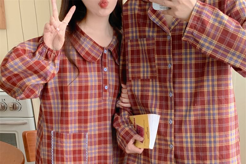 Couple Matching Long Sleeve Collared Plaid Pocket Button Pajama Dress / Collared Pajama Shirt / Straight Leg Pants / Set (Various Designs)